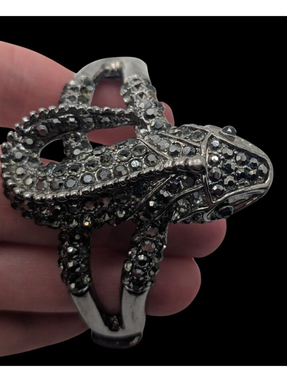 Goth Rhinestone Lizard Hinged Bracelet Silver Tone Crystal Gecko Statement Cuff